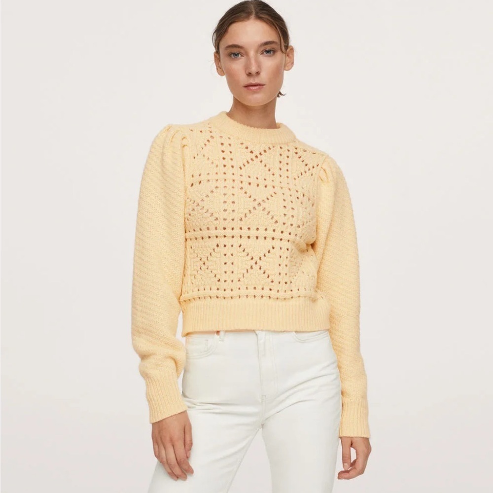 NEW Mango Open Work Crochet Knit Puff Shoulder Butter Yellow Sweater Size S
